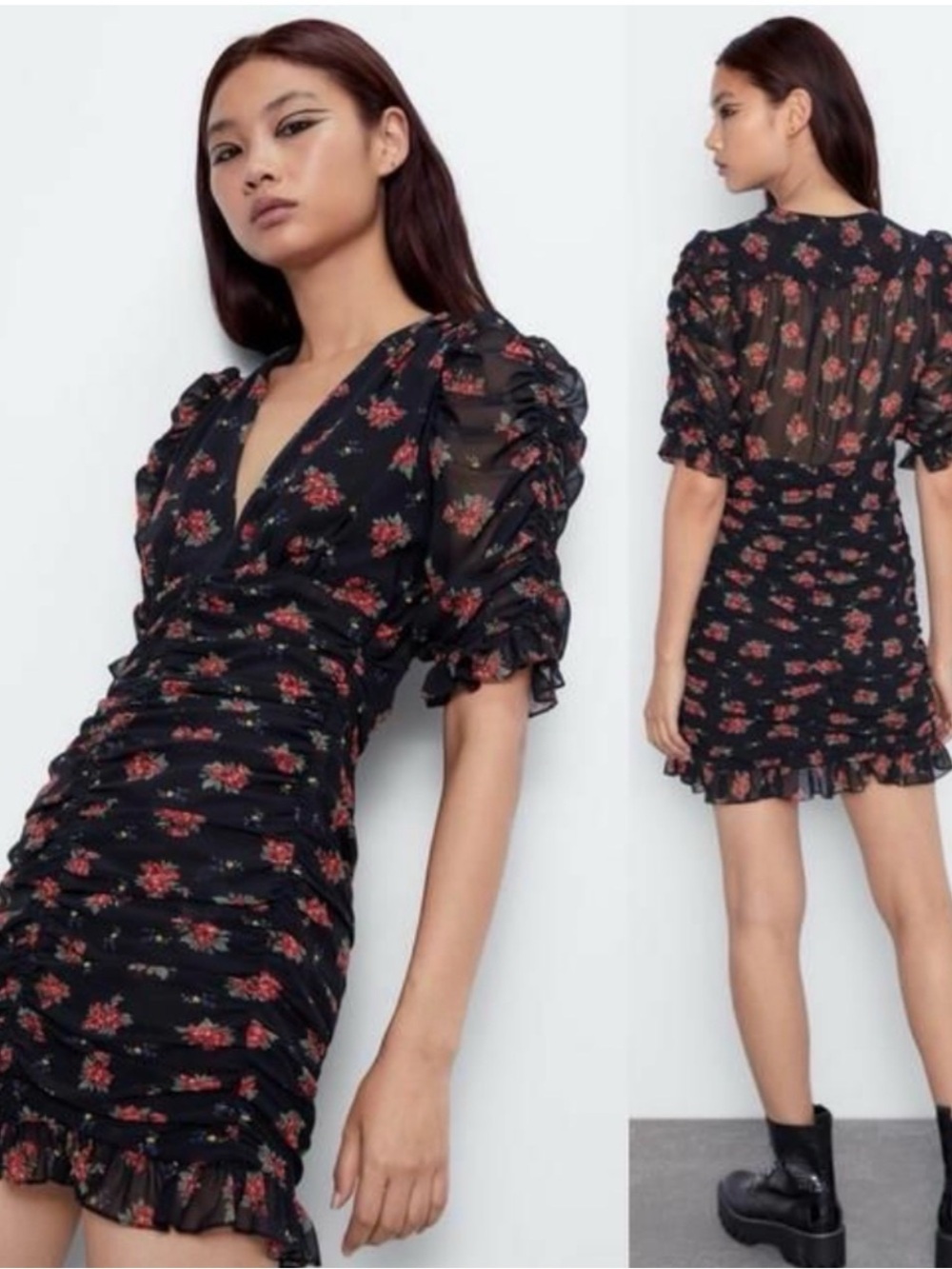 Zara Black Mini Dress with Red Floral Print